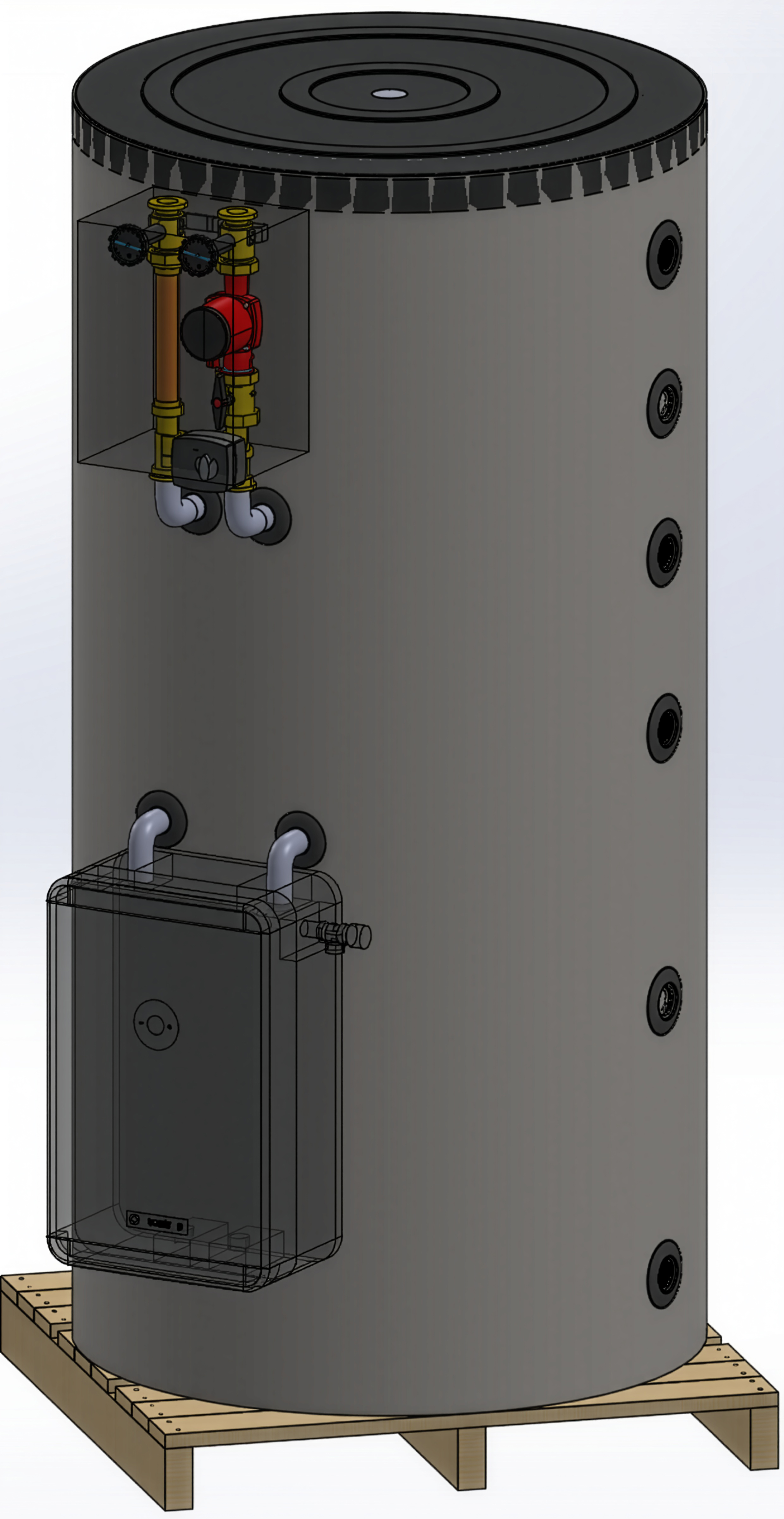 Der modulare Speicher WPM-S: hier die beispielhafte Darstellung mit Frischwasserstation mit Anschluss-Maß 250 mm und Heizkreisstation mit Anschluss-Maß 125 mm. Bild: Thermic Energy, Borna