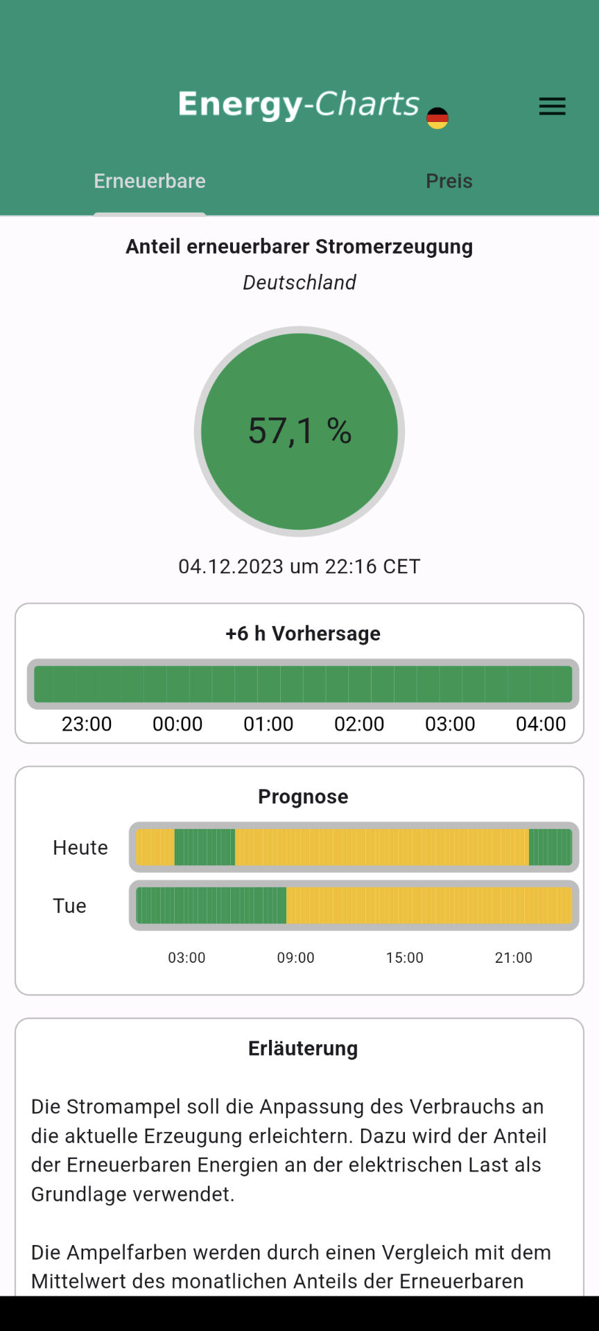 Aktueller Grünstrom-Anteil und Prognose (Ansicht Handy-Display).