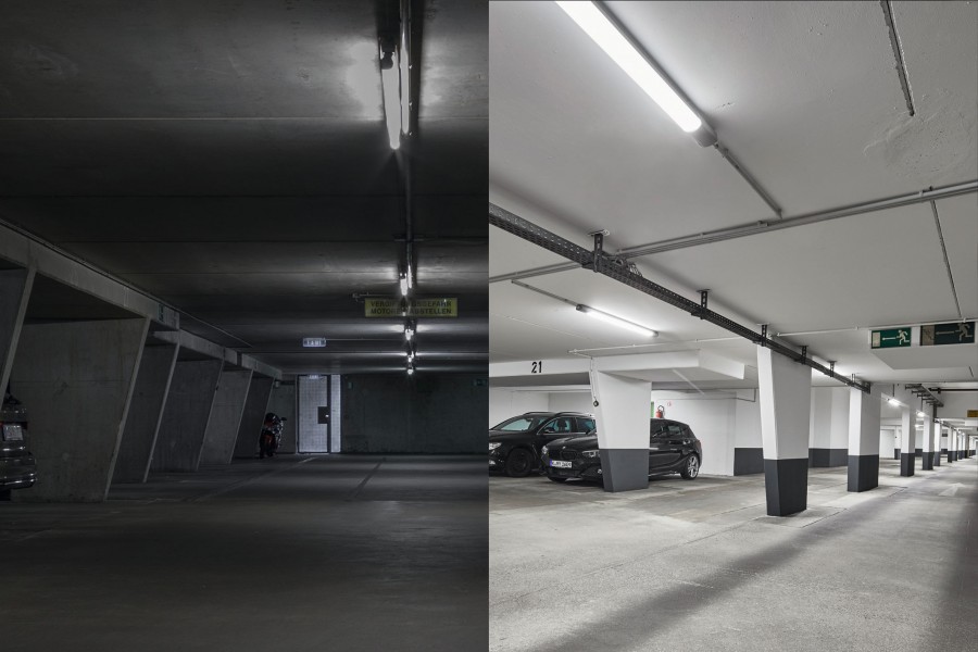 Vorher–Nachher: Durch die Installation der RS PRO Connect 5100 LED verbessert sich die Ausleuchtung um 30 %. Bild: Steinel 