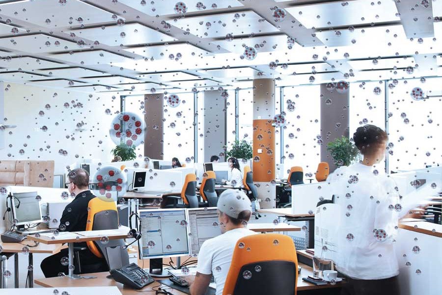Kontrollierte Luftfeuchte begrenzt die Virus-Ausbreitung zwischen Menschen, die in einem Gebäude arbeiten. Quelle: Condair Systems GmbH