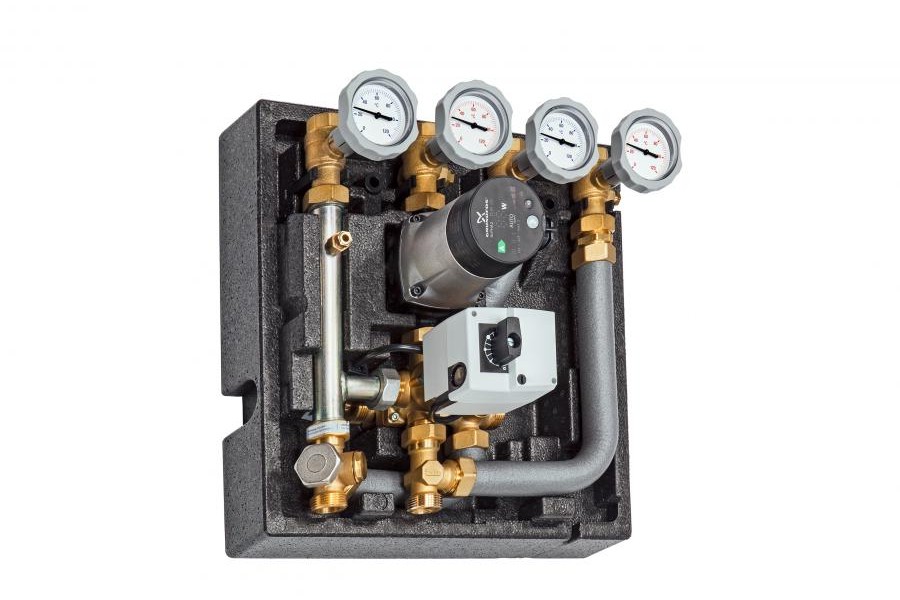 Die Pumpengruppe Condix ermöglicht mit nur einer Pumpe und einem Mischer die Versorgung eines ungemischten Heizkreises, eines Niedertemperaturheizkreises sowie die Speicherladung zur Trinkwassererwärmung. 