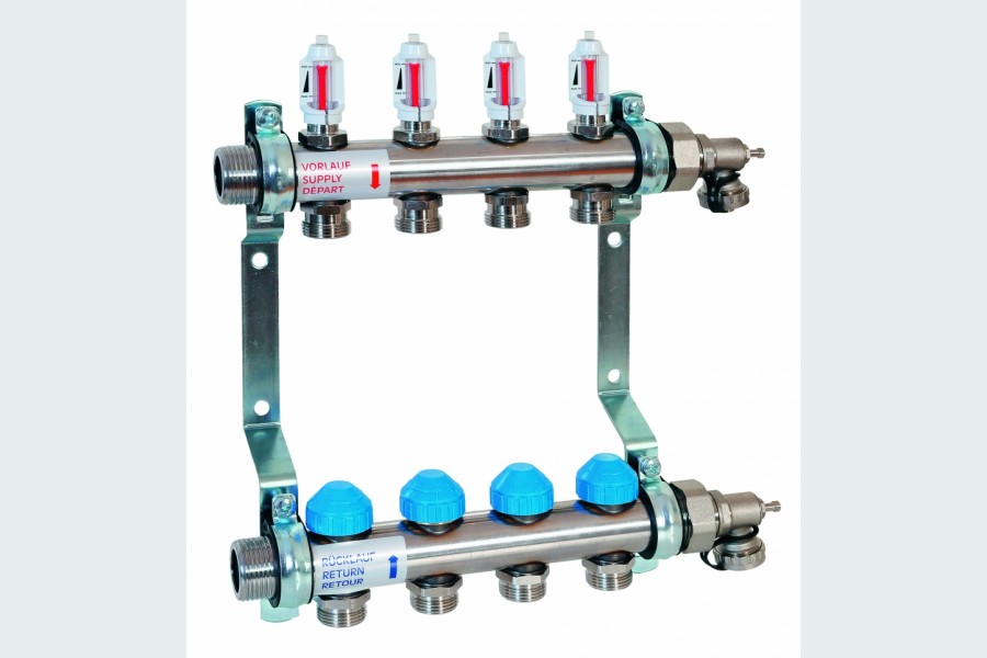 Der neue Heizkreisverteiler HKV2013A-AFC mit automatischer Durchflussregelung ist ein Rundrohrverteiler aus Edelstahl für 2 bis 12 Heizkreise. Quelle: Watts Water Technologies