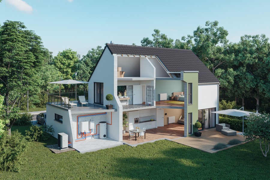Hybridsysteme sorgen für Flexibilität und Effizienz. Beispielsweise setzt die Luft/Wasser-Wärmepumpe BLW Mono-P auf Umweltenergie während das Brennwertgerät WGB auf den Brennstoff Gas setzt und so für Versorgungssicherheit sorgt. Quelle: August Brötje GmbH, Rastede