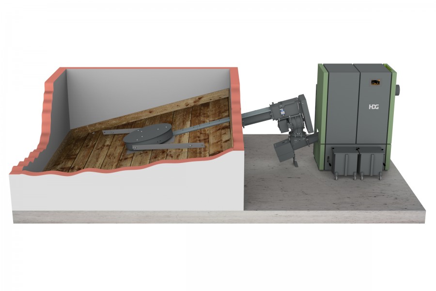 HDG Hackschnitzelheizung 30-95E mit Austragung und Bunker - Quelle: HDG Bavaria GmbH