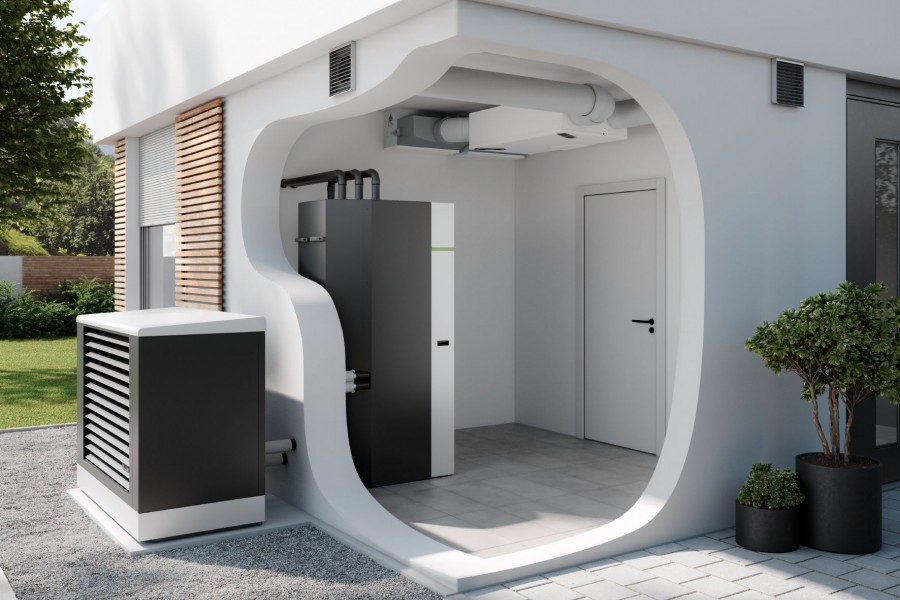 Technikraum Wärmepumpe - x-change dynamic pro ac 6 AW E Wärmespeicher - x-buffer combi Puffer- und Warmwasserspeicher Zentrale Wohnraumlüftung - F270 – Quelle: Kermi GmbH
