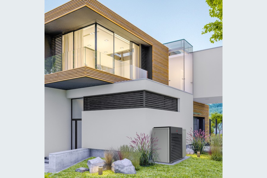 Das moderne, ansprechende Design der extrem leisen Monoblock-Wärmepumpe AEROTOP® SX passt in jede Umgebung und zu jedem Baustil. Quelle: Elco