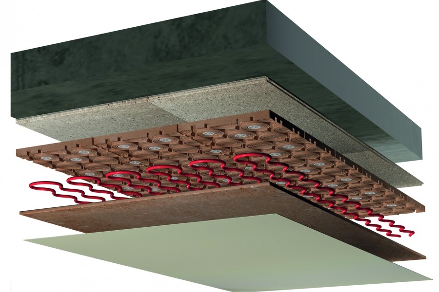 Typischer Wandaufbau der Wand- und Deckenheizung eco clay 12 mit OSB Platte, Lehm-Systemplatte, Rohren, Lehmputz und Lehmfarbe. Quelle: Purmo Deutschland