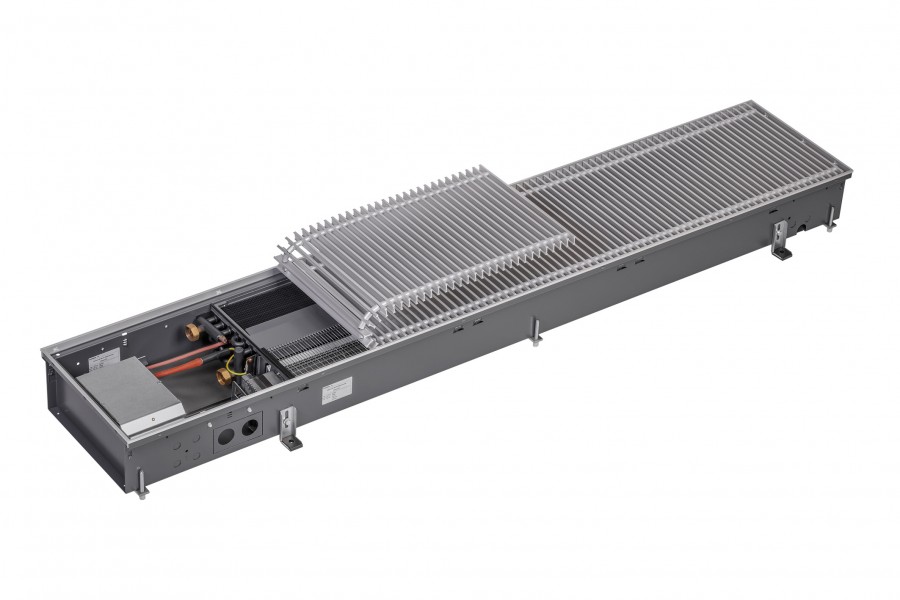 Der Katherm HK E ist ein Hochleistungs-Unterflurkonvektor in 2-Leiter Ausführung mit integriertem Elektroheizstab für direktes, individuelles Heizen. Quelle: Kampmann GmbH & Co. KG