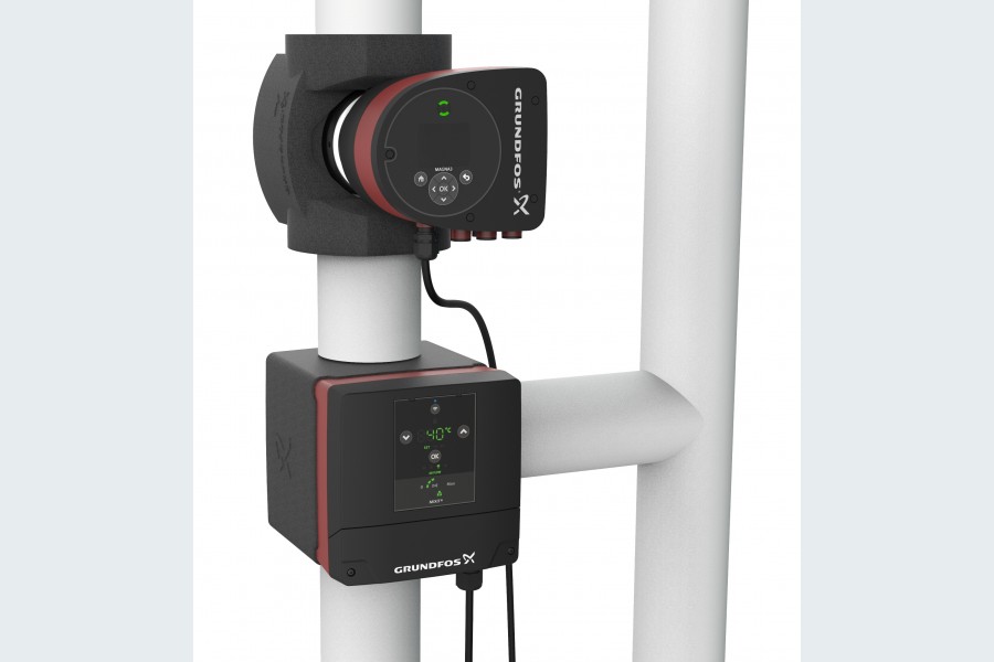Neue Generation der Plug-and-Play-Mischkreislösung Mixit: Nassläuferpumpe Magna3 und der kompakten Mixit-Regeleinheit, in die alle für den Mischkreis erforderlichen Komponenten wie Ventile, Sensoren und Temperaturregler bereits integriert sind. Quelle: Grundfos