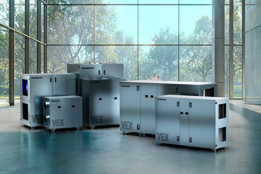 Die neue Kompaktgeräte-Serie VEX1000C deckt zusammen mit der VEX1000-Plattform mit Rotor und Gegenstromvarianten nahezu alles ab, was an Lüftungsaufgaben erforderlich ist. Quelle: Exhausto