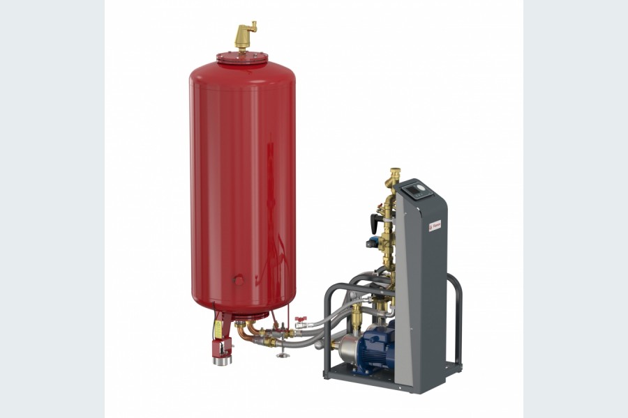Der pumpengesteuerte Druckhalteautomat Flamcomat mit Entgasung und automatischer Wassernachfülleinrichtung. Quelle: Flamco