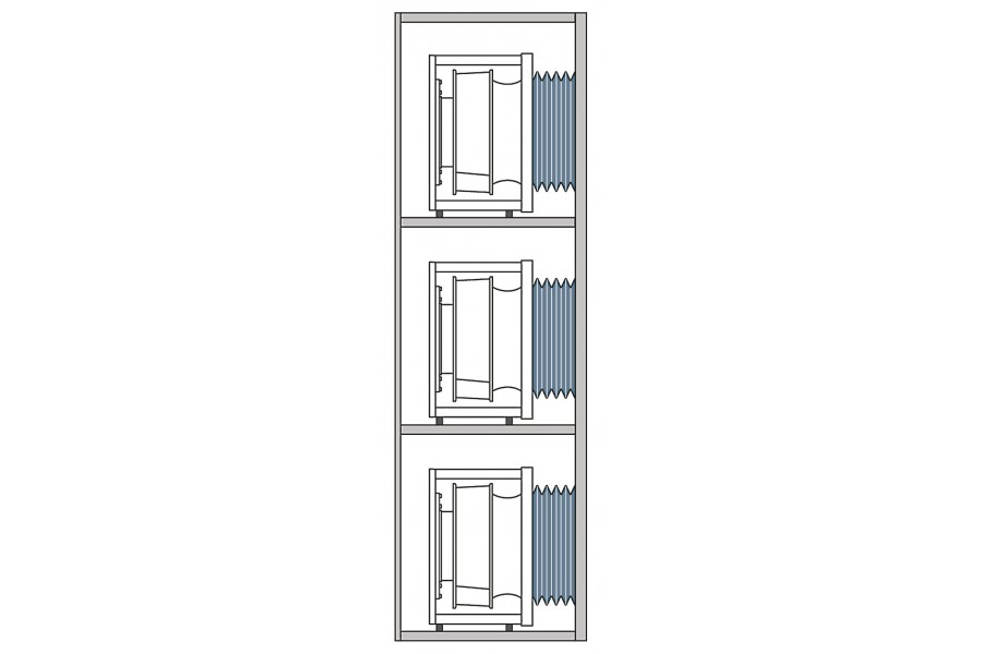 6 – Richtiger Aufbau von mehreren Ventilatoren: Jeder Ventilator steht mit speziell ausgelegten Schwingelementen (z. B. Federn oder Gummielementen) auf einer stabilen Rahmenkonstruktion, die fest mit dem Boden verbunden ist. Bild: ebm-papst 