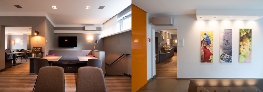 Im Frühstücksraum und der Hotellobby (rechts) wurden stilvolle Split-Klima Wandgeräte nachgerüstet. Bild: © DAIKIN