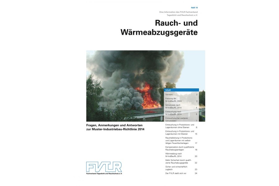 Die FVLR-Publikation Heft 14 beschreibt die Änderungen im baulichen Brandschutz. Bild: FVLR Fachverband Tageslicht und Rauchschutz e.V., Detmold