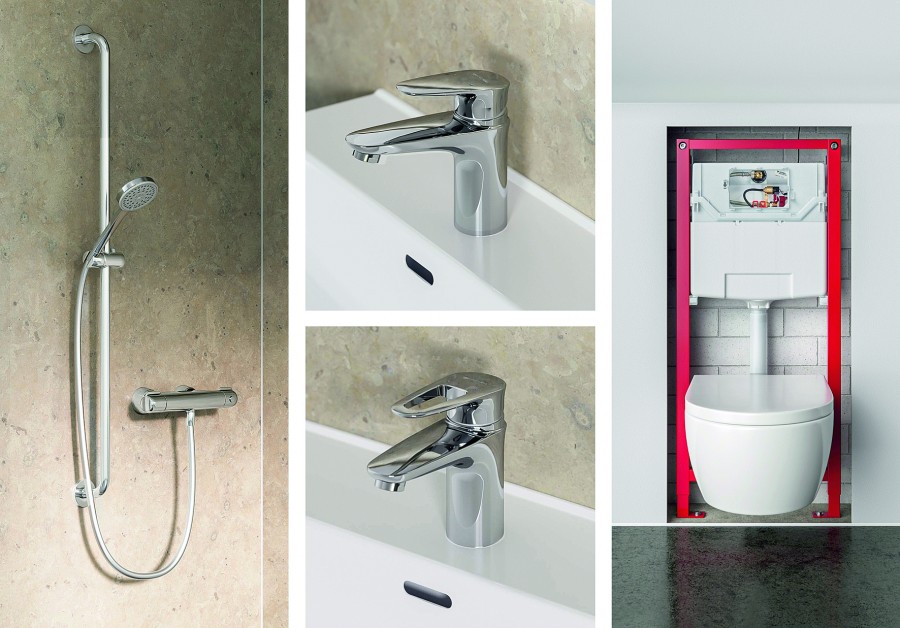 Neue Produktlösungen zur Unterstützung der Nutzer- und Trinkwasserhygiene zeigt Schell auf der ifh Nürnberg: so z. B. das Brausethermostat Modus, die Waschtisch-Armatur Modus mit Designhebel, die Waschtisch-Armatur mit Bügelhebel sowie das Spülkasten-Modul Montus Flow (v.l.nr.). – Quelle: Schell GmbH & Co. KG