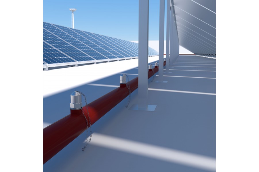 PVProtect von Minimax zum Schutz von Dachflächen mit Photovoltaikanlagen: Speziell entwickelte PV-Düsen sorgen mit ihrer gezielten Anordnung für ein flächendeckendes Sprühbild. Quelle: Minimax