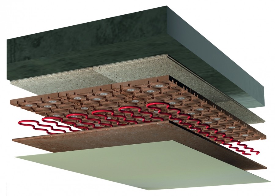 Typischer Wandaufbau der Wand- und Deckenheizung eco clay 12 mit OSB Platte, Lehm-Systemplatte, Rohren, Lehmputz und Lehmfarbe. Quelle: Purmo Deutschland