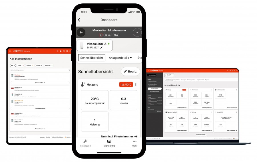 Im neuen Vitoguide sind jetzt die Funktionen der ViStart App zur Geräteinbetriebnahme, des Service-Assistenten für Service, Wartung und Ersatzteiltausch sowie die bekannten Vitoguide Funktionen zum Anlagen-Monitoring in einer App integriert und stehen künftig für iOS- und Android-Geräte zur Verfügung. Quelle: Viessmann