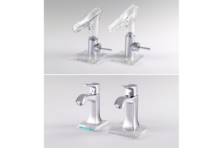 Unter den ausgezeichneten Produkten auch zwei dreiste Kopien von Armaturen der Marken AXOR und hansgrohe: die in Zusammenarbeit mit Philippe Starck gestaltete Brunnen-Armatur AXOR Starck V und die hansgrohe Metris Classic von Phoenix Design (jeweils links das Original). Quelle: Aktion Plagiarius e. V.