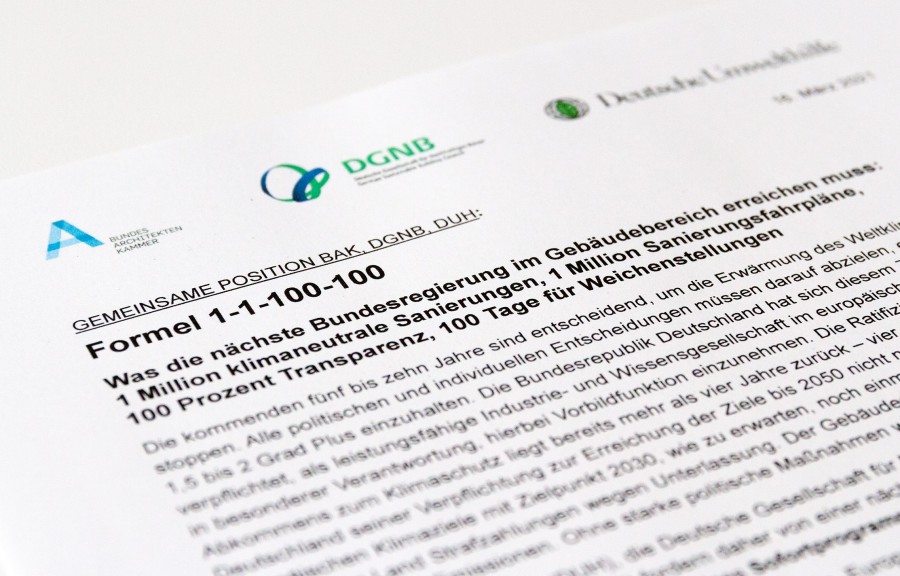 Gemeinsames Positionspapier Formel 1-1-100-100. Quelle: DGNB